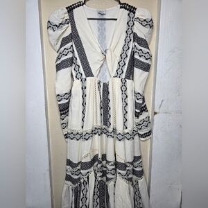 Hemant & Nandita Womens Moira Midi Dress Size M Cut Out Black Cream Embroidered